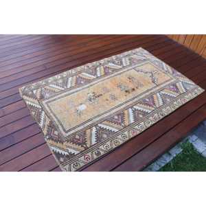 Turkish Vintage Rug, Small 2.9x4.5 ft (87x137 cm) Rug, <b>Brown</b> Abstract <b>Wool</b> Rug - Product Image 2