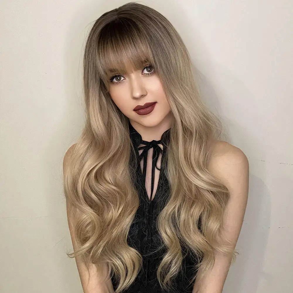 Ombre Blonde with Bangs Long Wavy Wigs Woman Synthetic Wig Female Cosplay Natural Hair Heat Resistant Hair Hot Sale