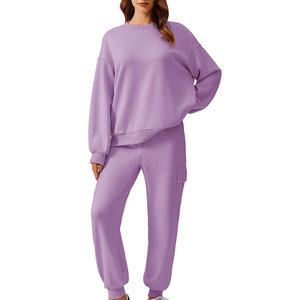 Survêtement pour femmes 100% coton manches longues poids lourd vêtements de rue couleur unie col rond fermeture à cordon tous les jours - Product Image 1