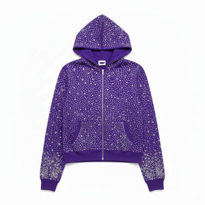 OEM ODM Service Rhinestone Oversized <b>Zip</b> <b>Up</b> <b>Hoodie</b> For Women Custom Logo Premium Cotton Blend All-Over Rhinestone <b>Hoodie</b> - Product Image 1