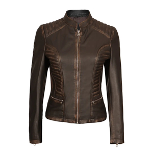 Women's <b>Genuine</b> Sheepskin Leather Winter Jacket Washed Technique with Cotton-Filled Windproof Zipper Raw Processing - Product Image 1