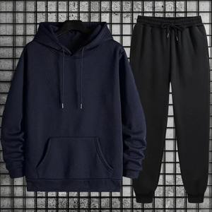 Nouvel ensemble de survêtement pour homme, couleur unie, sweat à capuche + pantalon de survêtement, style urbain décontracté, confortable et chaud pour l'hiver, 100% coton - Product Image 4