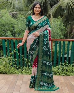 Elegante y bonita ropa india y paquistaní pura Bandhej seda Saree boda Saree para mujeres usan sari de algodón indio - Product Image 4