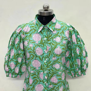 Alta calidad mujer verano Casual Maxi manga corta verde bloque estampado frente abierto cuello suelto ajuste hasta el suelo Concha Natural - Product Image 1