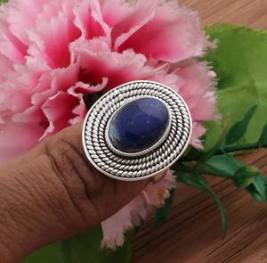 Oxidized Silver-Plated <b>Lapis</b> <b>Lazuli</b> <b>Ring</b> Oval Gemstone Rope Twist Border Handmade Statement <b>Ring</b> Boho Jewelry for Women - Product Image 4