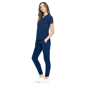 Women's Navy Blue Scrub <b>Set</b> V-Neck Top With Pockets And Drawstring Pants Hospital Uniforms Cotton Polyester Knitted Fabric - Product Image 6