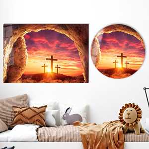 Arte en lienzo con cruz cristiana: Impresión de paisaje al amanecer, arte en vidrio templado - Product Image 1