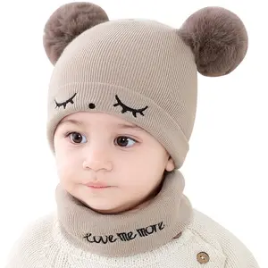 0-12m hiver doux chaud bébé chapeaux tricotés Pom Pom bébé bonnets écharpe cou ensemble avec boule et broderie déco