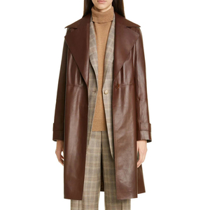 Abrigo de Cuero Tipo Gabardina para Mujer, Piel de Oveja Genuina, Color Marrón, Abrigo Largo de Invierno - Product Image 6