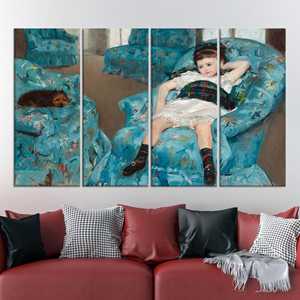 Toile d'art moderne : impression de petite fille sur un fauteuil bleu, lot de 4 toiles - Product Image 1