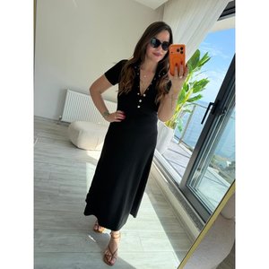 Robe longue en modal à manches courtes pour femme avec détails boutonnés sur les deux côtés, 37293 - Noir - Product Image 1