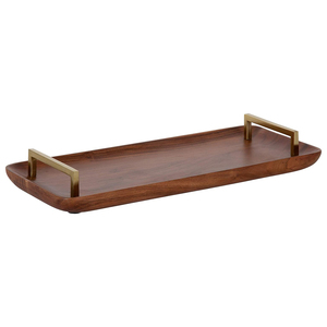Plateau de service en bois d'acacia massif de qualité export avec poignées en métal Fabricant indien de plateaux en bois pour la décoration et le service - Product Image 1