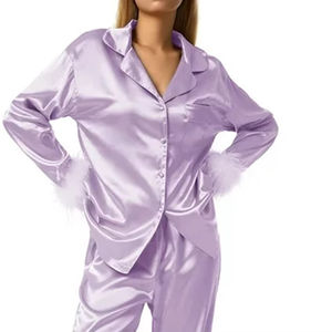 Custom Women Silk Satin Breathable Pajamas 2pcs Long Sleeve Women's Sleepwear Set in High Quality for Women's Turn <b>Down</b> Collar - Product Image 6