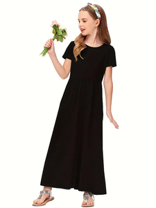 Vestido largo informal para niñas, bolsillos laterales, negro, manga corta, cuello redondo, lavable a máquina, vestido de verano, playa, escuela, atuendo informal BD - Product Image 4