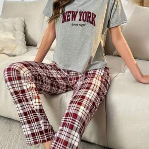 Wholesale pajamas set, summer short-sleeved Plaid Pant women two piece sets, cozy soft pajama sets for women - Product Image 1