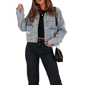 Chaqueta recortada de algodón 100% de alta calidad para mujer, nueva chaqueta vaquera elegante, diseño personalizado, chaqueta vaquera con estampado de piedra 3D - Product Image 6