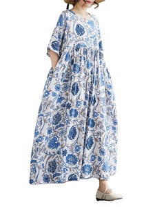 2025 nuevos vestidos de manga corta Vintage de algodón de verano para mujeres Casual suelto largo vestido verde ropa - Product Image 6