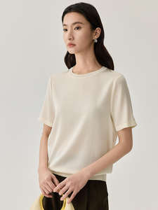 Camiseta básica de seda de verano para mujer, cuello redondo, manga corta, tela de punto, función antibolitas, camisetas para mujer - Product Image 3