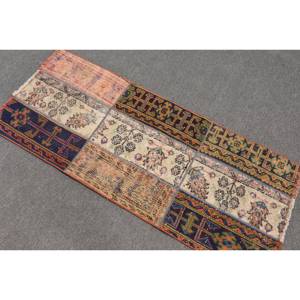 Nouveau Tapis Vintage 2.1x5ft Beige en Laine et Latex Écologique, Fait Main Turc, Grand Format, Abstrait, Rectangulaire, Motif Patchwork pour Couloir - Product Image 4