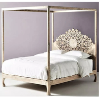 Cama con Dosel de Madera de Teca Sólida Tallada a Mano, Estilo Tradicional, Tamaño King, con Almacenamiento, Ecológica, Duradera y Cómoda