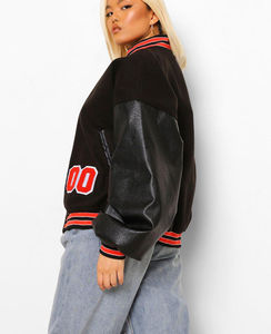 Chaqueta universitaria corta transpirable de talla grande para mujer, chaquetas de béisbol con letras y manga de cuero bordada con logotipo personalizado para mujer - Product Image 2