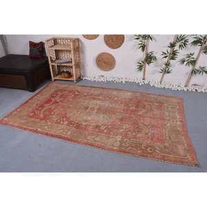 Alfombra turca vintage roja beige 4,6x7,8 FT diseño de retazos de lana de área grande para pasillo o dormitorio con respaldo de látex - Product Image 2