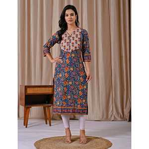 Kurti Recto de Algodón Estampado con Bloques Blue Jaal, Vestido Largo Elegante e Informal, Natural y Transpirable, ODM para el Día de San Valentín - Product Image 3