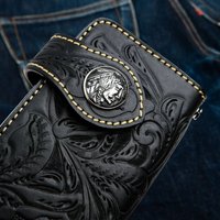 Dompet Kulit Hitam Panjang Model Biker Ukiran Tangan Motif Bunga Barat dengan Kancing Tekan, Produsen OEM Dompet Kulit Panjang