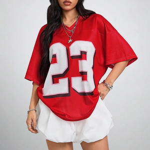Ropa de calle personalizada jersey de malla ligera transpirable de gran tamaño camiseta ligera de manga corta con cuello en V estampado de verano para mujer - Product Image 1