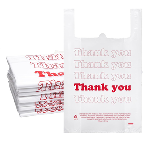 Bolsas de compras de plástico biodegradables al por menor de tamaño personalizado, bolsas de escudete de camisetas para uso en supermercados con logotipo con agradecimiento - Product Image 2