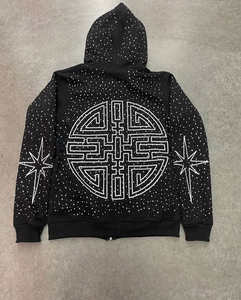 Ensemble de survêtement deux pièces pour homme personnalisé OEM, lourd, avec broderie délavée, pantalon de survêtement et sweat à capuche avec strass délavé à l'acide - Product Image 3