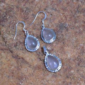 Boho Style 925 Sterling Silver Pink Quartz Gemstone Boucles d'oreilles faites à la main Pendentif Set pour les femmes Plaqué or pour cadeau de fête pour elle - Product Image 1