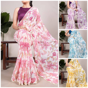 Sari léger à imprimé floral de Style traditionnel avec chemisier en soie Moonga et bordure en dentelle perlée pour la fonction de réception de fête - Product Image 4