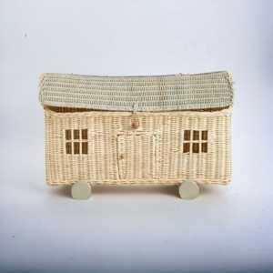Wholesale Handmade Eco-Friendly Rattan Wicker House Shape With Window Wicker Basket Toy House for Kids With <b>Wheels</b> and Lid - Product Image 1