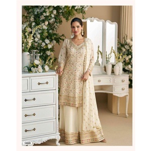 Premium Real Georgette Indian Pakistanais Collection Main Swarovski Brodé Séquence Top Palazzo Dupatta Costume Ensemble - Product Image 1