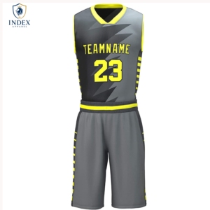 Ensemble short et maillot de basket personnalisé Index Apparel, sublimation, col en V, sans manches, anti-transpiration, unisexe, adulte, gris et jaune - Product Image 1