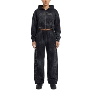 OEM Custom Winter Casual Heavyweight Patch Rhinestone Embroidery Acid Wash Set Flared Sweatpants <b>Zip</b>-<b>Up</b> Hoodie Unisex Tracksuit - Product Image 1