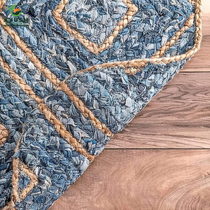 Tapis d'intérieur en jute tressé avec tissu denim intégré, tapis et carpettes écologiques faits à la main pour la chambre à coucher et le salon - Product Image 3