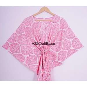 Beautiful Indian Long Midi Kaftan <b>Dress</b> Hippie Style Women's Block Printed Washable Cotton Natural Waistline Night Wear - Product Image 2