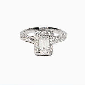 Esmeralda corte moissanita diamante GRA certificado 10K oro blanco media eternidad antiguo Halo anillo de compromiso y boda novia para ella - Product Image 1