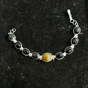 กำไลข้อมือสำหรับสตรีทำมือ925เงินสเตอร์ลิงปรับได้พร้อมกำไลพลอยสีดำพลอยธรรมชาติสีดำ - Product Image 6