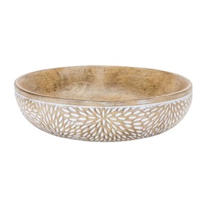 Bol de service en bois de manguier fait à la main, finition blanchie, avec motif de feuille sculpté à la main, bol à salade décoratif en bois massif écologique - Product Image 4