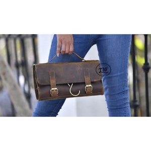 LW Designer Brown Genuine Leather Handmade Makeup <b>Storage</b> Cosmetic Hand Bag for Women Zipper Closure with Geometric Pattern - Product Image 2