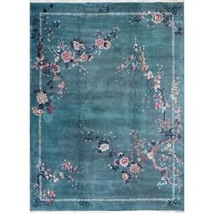 Tapis en laine noués à la main Aalam Green, motif floral classique, coton biologique, design rectangulaire pour couloir, usage domestique - Pae-5796 - Jaipur Rugs US - Product Image 1