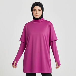 Haut de sport fonctionnel et confortable pour femmes musulmanes, coupe modeste, épaules tombantes, manches avec passe-pouce, idéal pour la course, la gym et l'entraînement. - Product Image 1