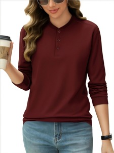 Solid Color Cotton Autumn Women Henley Shirt All-<b>Match</b> Fashion <b>Long</b> Sleeves Casual T-Shirts Street Button - Product Image 3