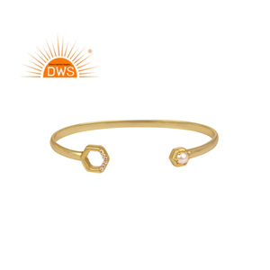 Hot Selling <b>Sterling</b> <b>Silver</b> 18K Gold Plated Natural Cz & Pearl Gemstone <b>Cuff</b> Bangle Demi Fine Jewelry Manufacturer - Product Image 3
