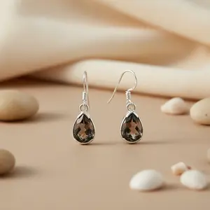 Pendientes de Plata 925 con Cuarzo Ahumado en Forma de Lágrima para Mujer, Estilo Clásico Religioso de Moda, Aretes con Dijes para Regalo, Material Oro Rosa - Product Image 1