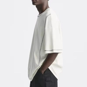 T-shirt personnalisé pour hommes 100% coton contraste garniture t-shirt streetwear surdimensionné col rond épaule tombante t-shirt lourd pour hommes - Product Image 3