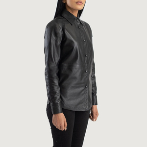 Chaqueta de Cuero Genuino Casual para Mujer, Nueva Colección 2025, Color Negro, Corte Regular, Decoración con Botones, Logotipo Tejido en la Parte Delantera, Otoño Invierno - Product Image 2